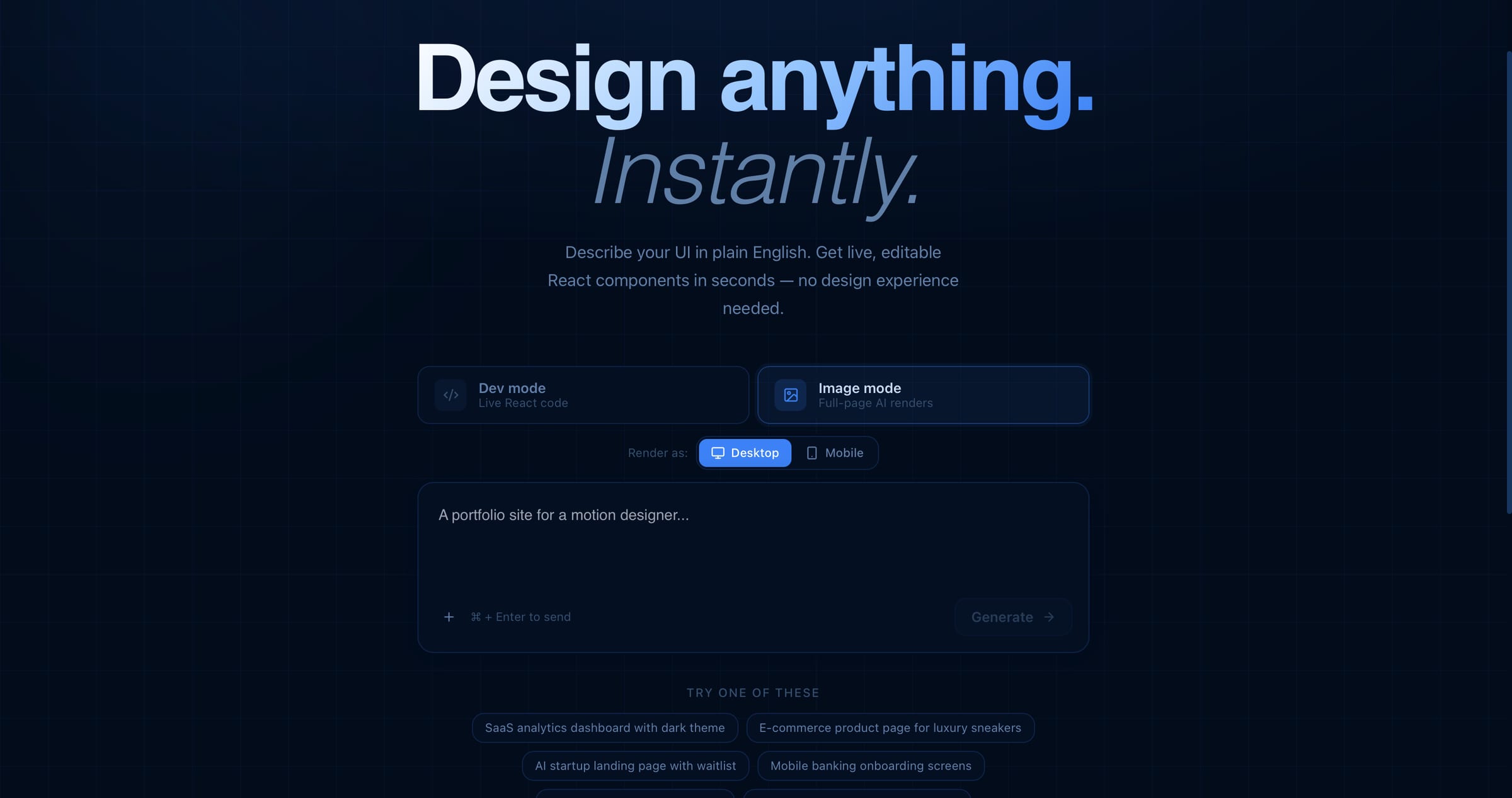 DesignV1 composer: describe your UI in plain English with Dev mode, Image mode, and desktop or mobile targets