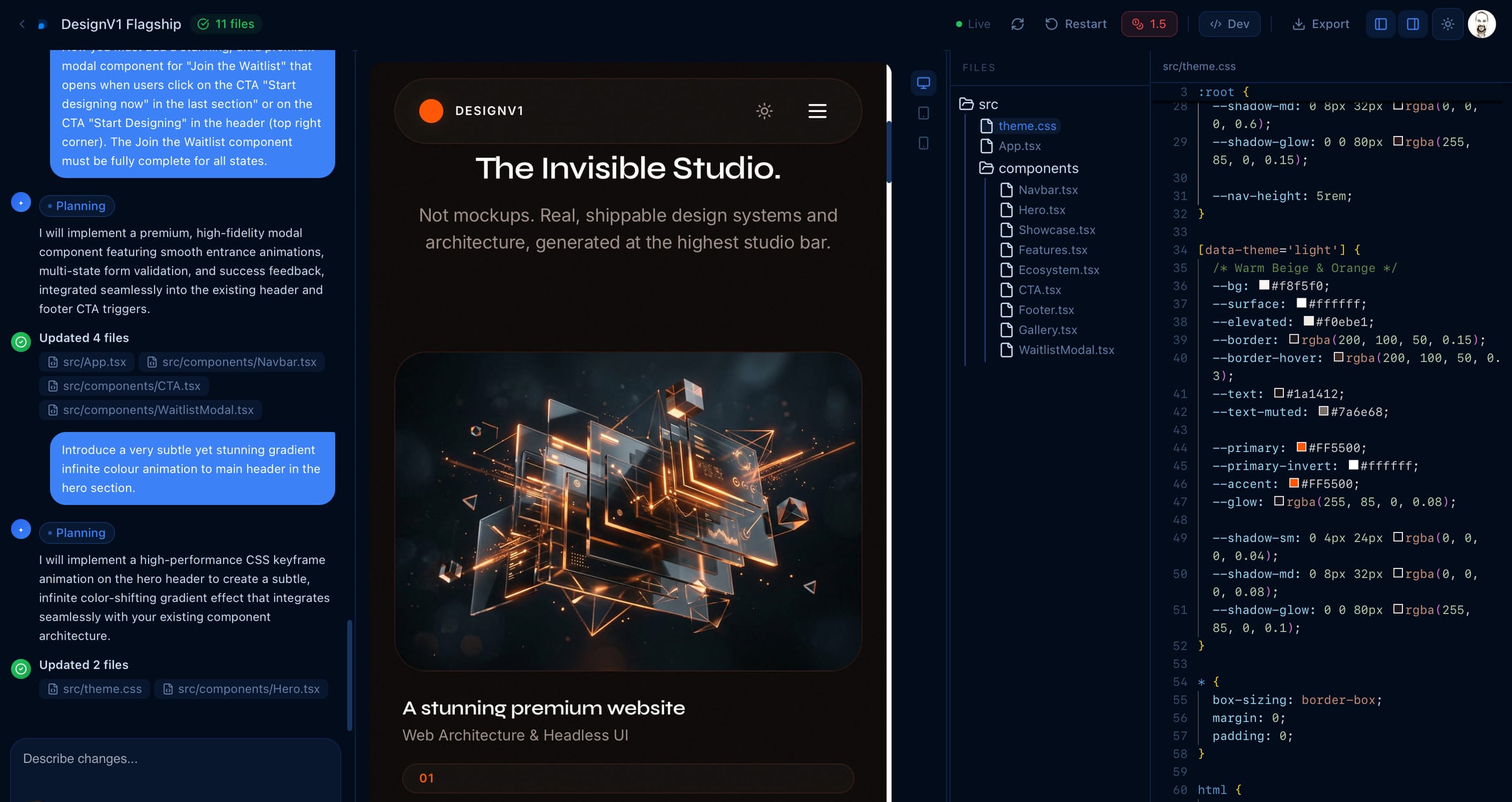DesignV1 Invisible Studio: real editable React files and the theme.css semantic-token editor