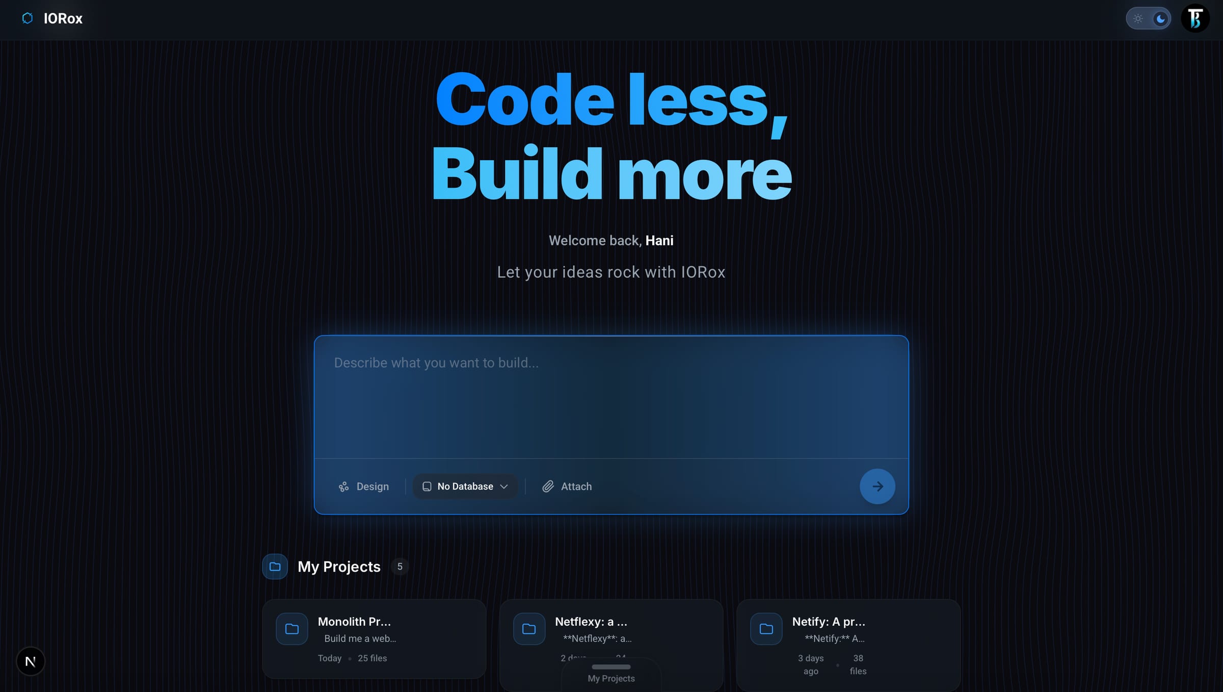 IORox home: describe what you want to build; no code, no terminal