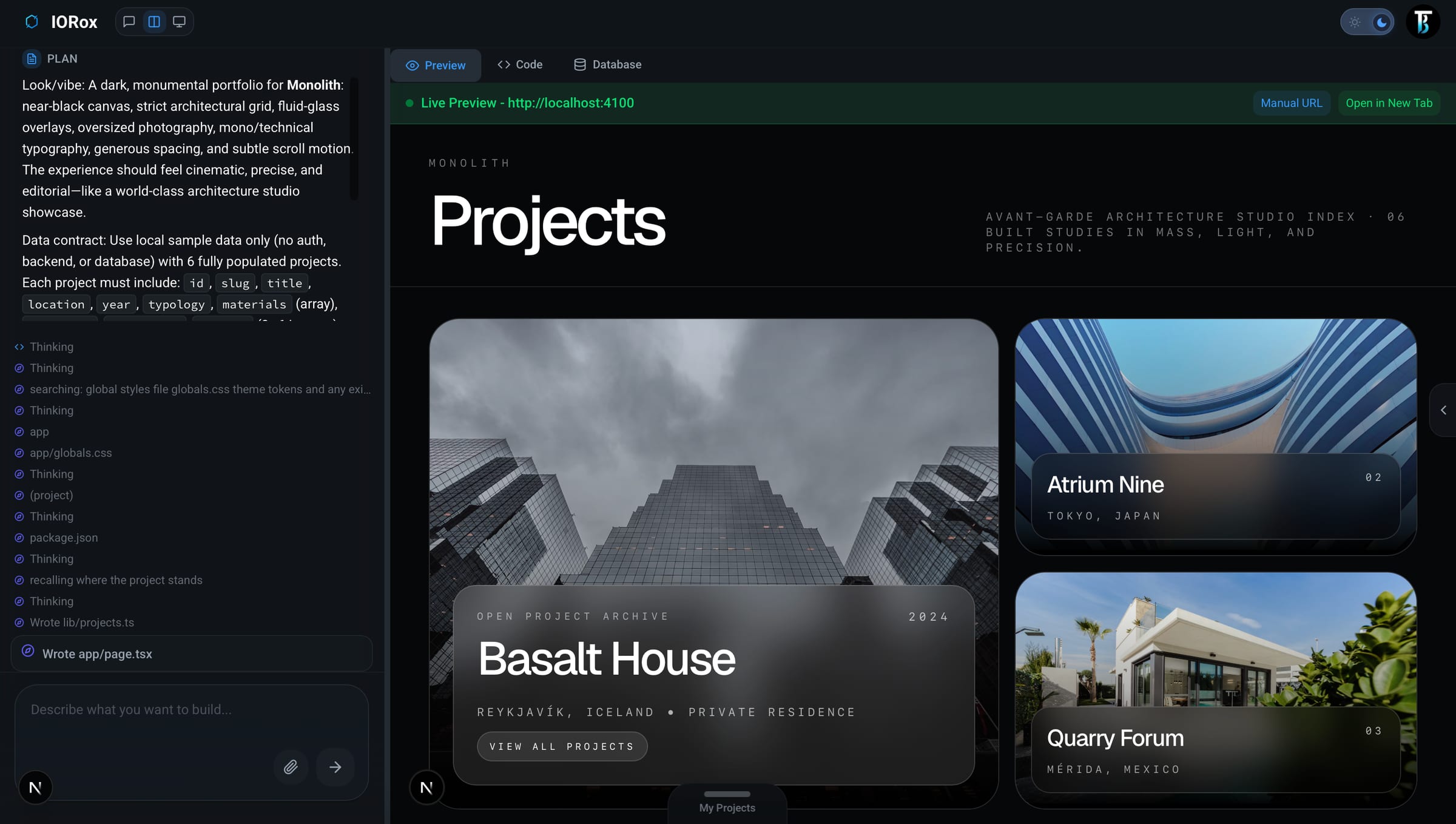 IORox live preview: the finished app actually running with a green Live Preview bar