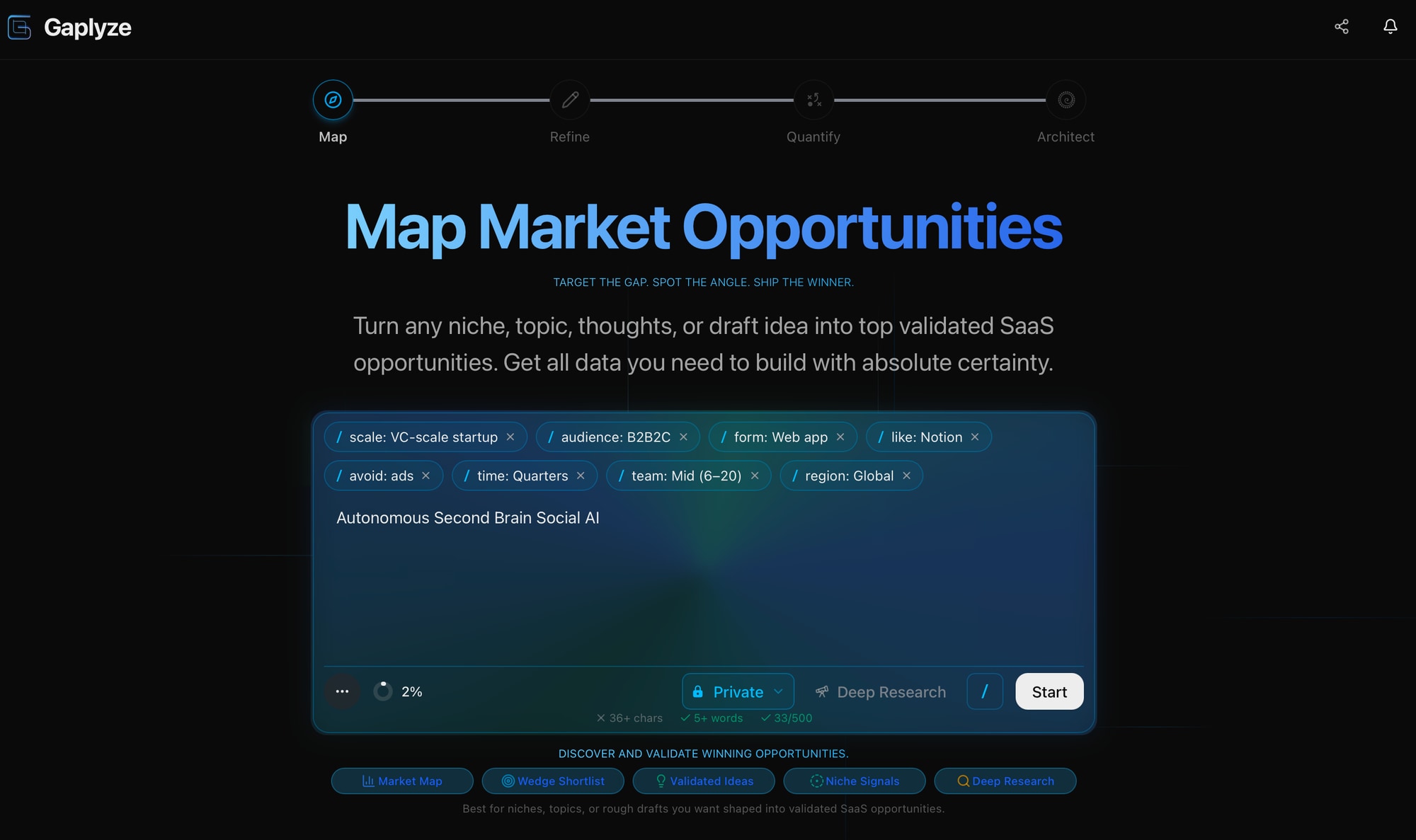 Gaplyze workspace: map market opportunities from any niche, topic, or draft idea
