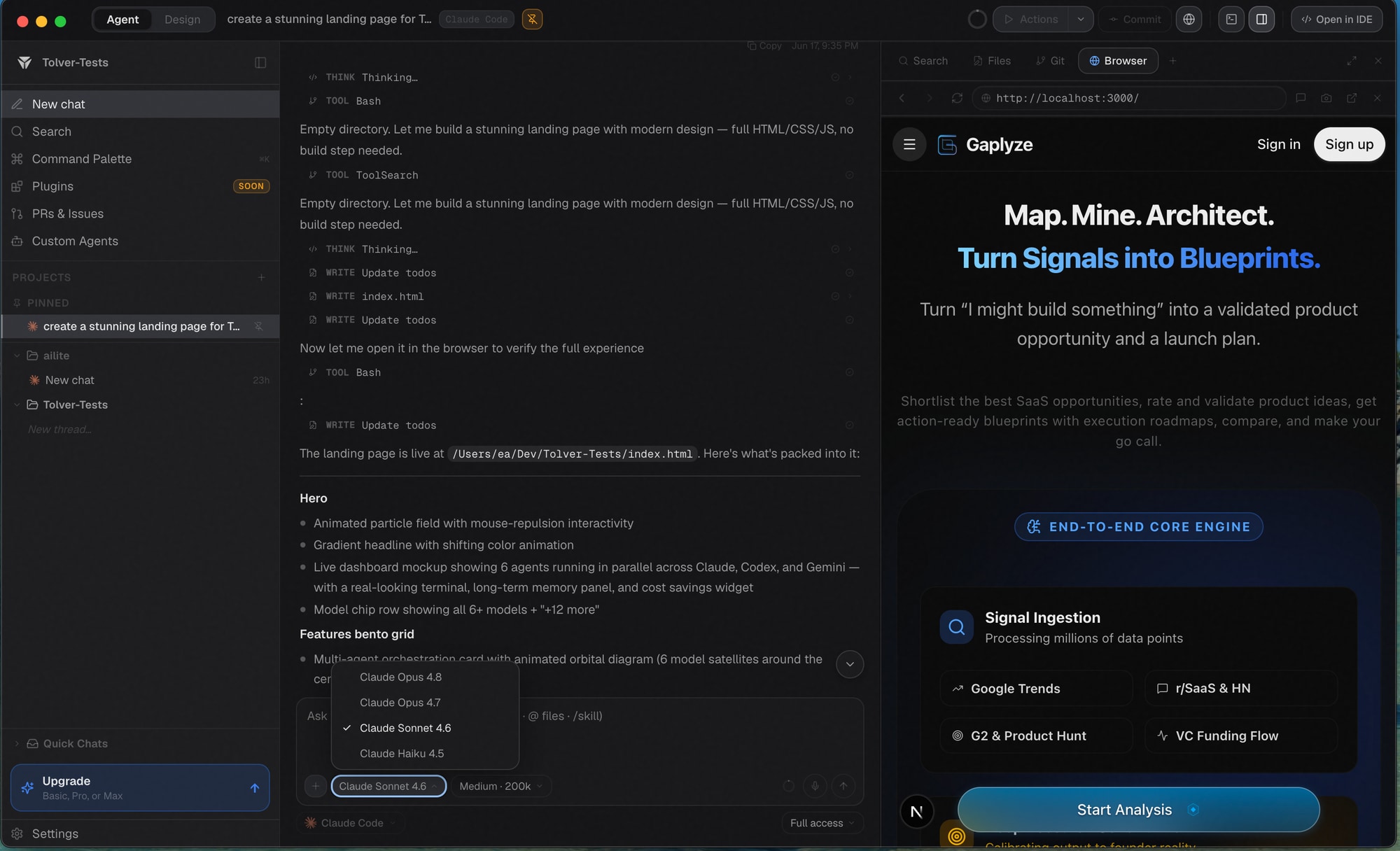 Tolver Mission Center: one agent building with chat, editor, and a docked live browser preview