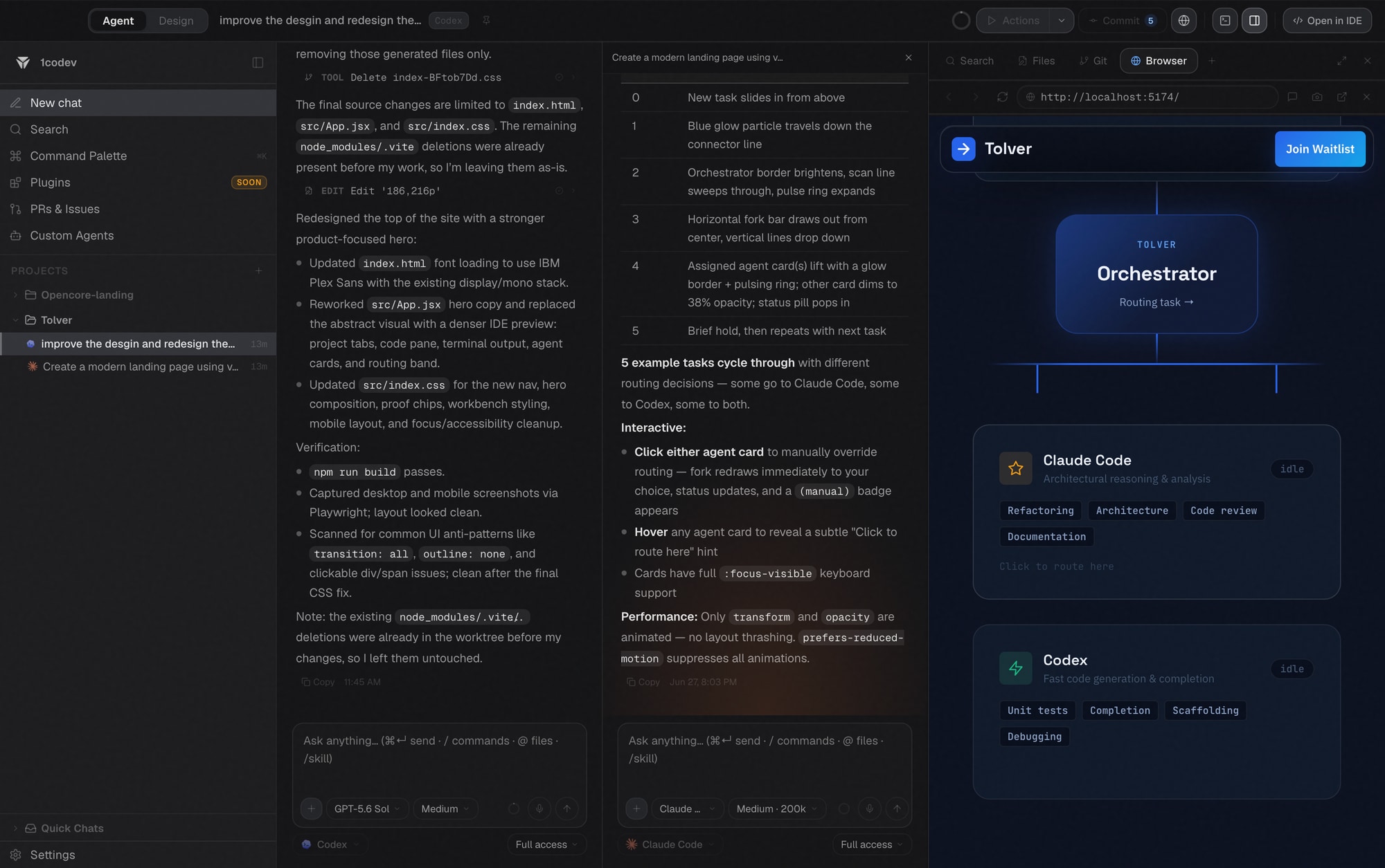 Tolver orchestration: dual agents plus the integrated browser while the orchestrator routes tasks to Claude Code and Codex